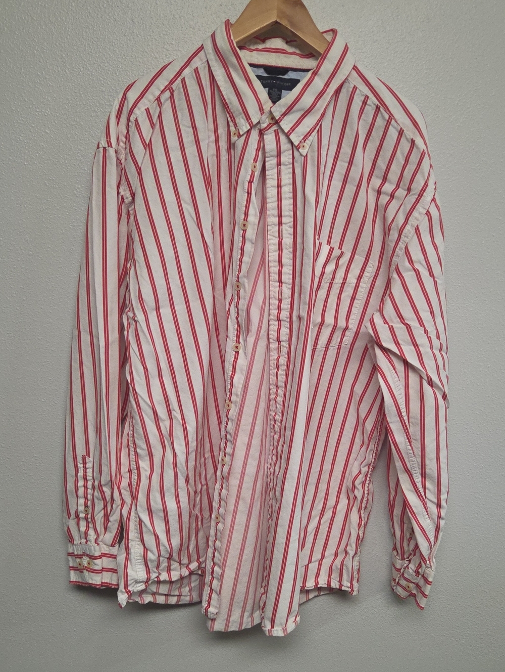 Tommy Hilfiger Red and White Striped Button-Down Shirt